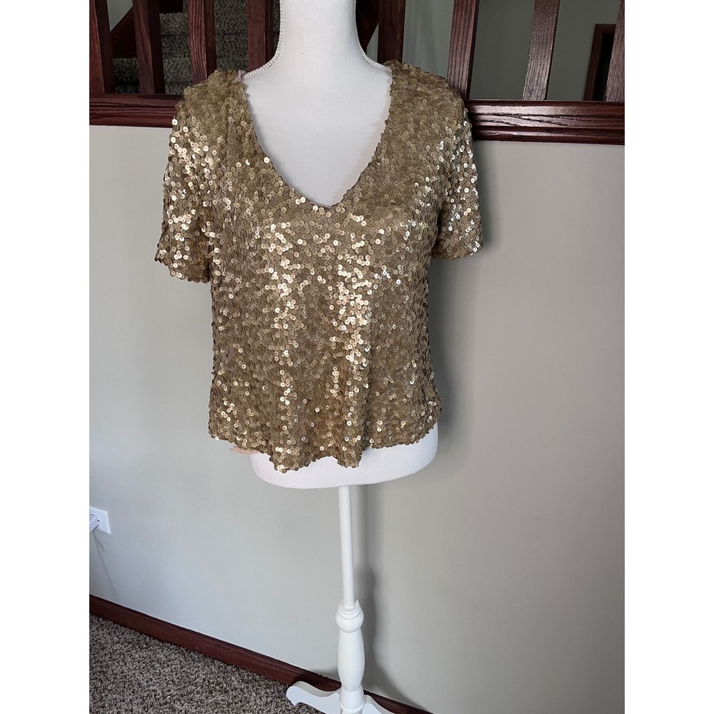 Socialite Womens Gold Sequin V-Neck Short Sleeve Party Blouse Top WTP105086-NR